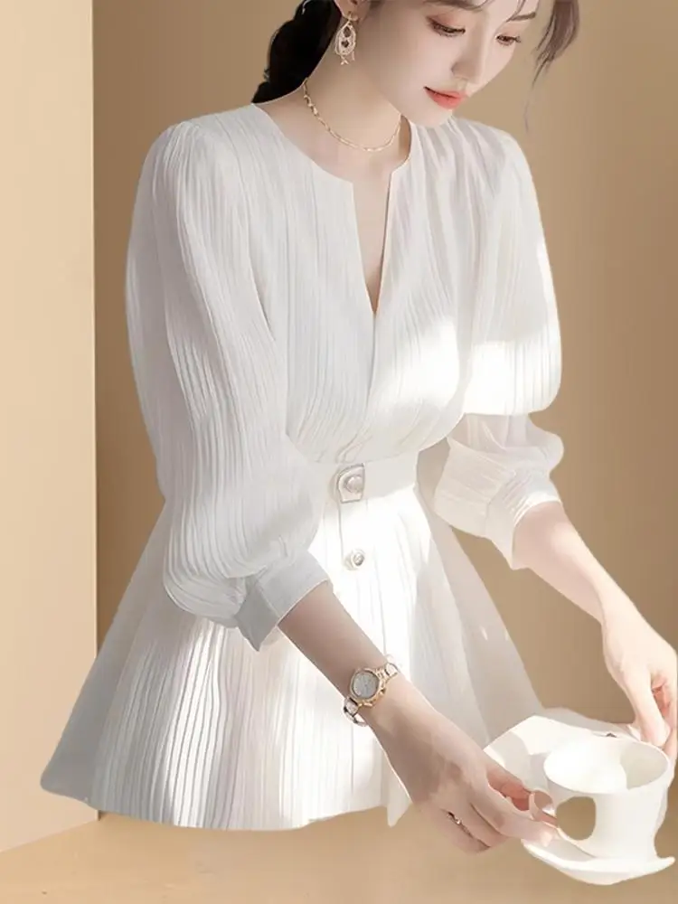 Ele Camicetta da donna irt primavera estate in chiffon a maniche lunghe che impinge la vita da pendolarismo Sle Slim Fit rotonda Ne lunghezza midi