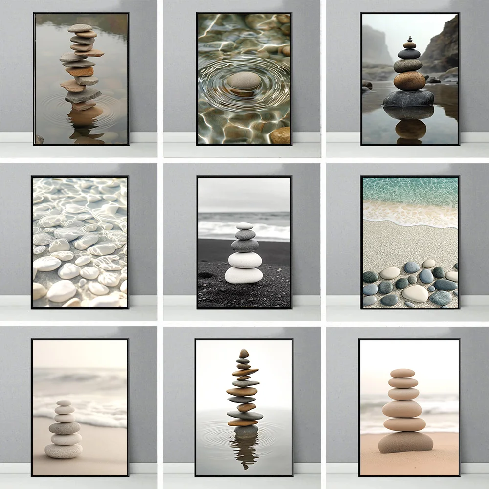 2026 Classic Still Life Seaside Stream River Stone Pile Scenery Poster Canvas Art Painting Printing Home Room Wall Picture Decor