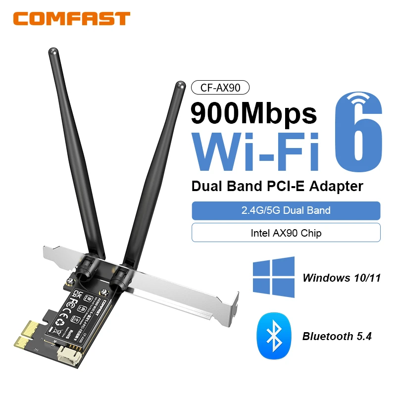 

Comfast AX900 PCI-E Adapter BluetoothT 5.4 Wifi 6 Wireless Network Card dual-band 2.4G/5G Adaptador For Laptop PC Win10/ 11