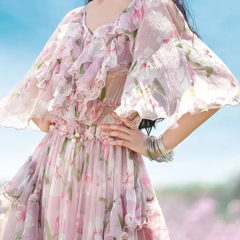 2024 Long Print Dress Slim Beach Vacation Super Fairy Chiffon Dress Fairy Long Dress