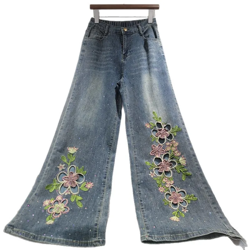 High Quality Hollow Out Hot Diamonds Embroidery Wide Leg Jeans Women New Spring Summer High Waist Mopping Floor Denim Pants