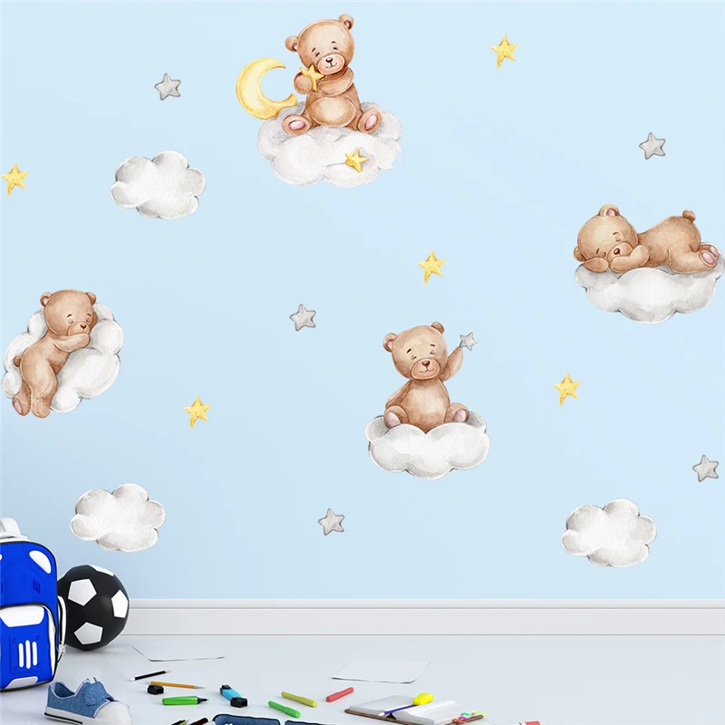 Lovely Bear Sleeping On Cloud Moon Star Wall Stickers For Home Decoration Diy Animal Mural Art Kids Bedroom Decals Pvc Posters