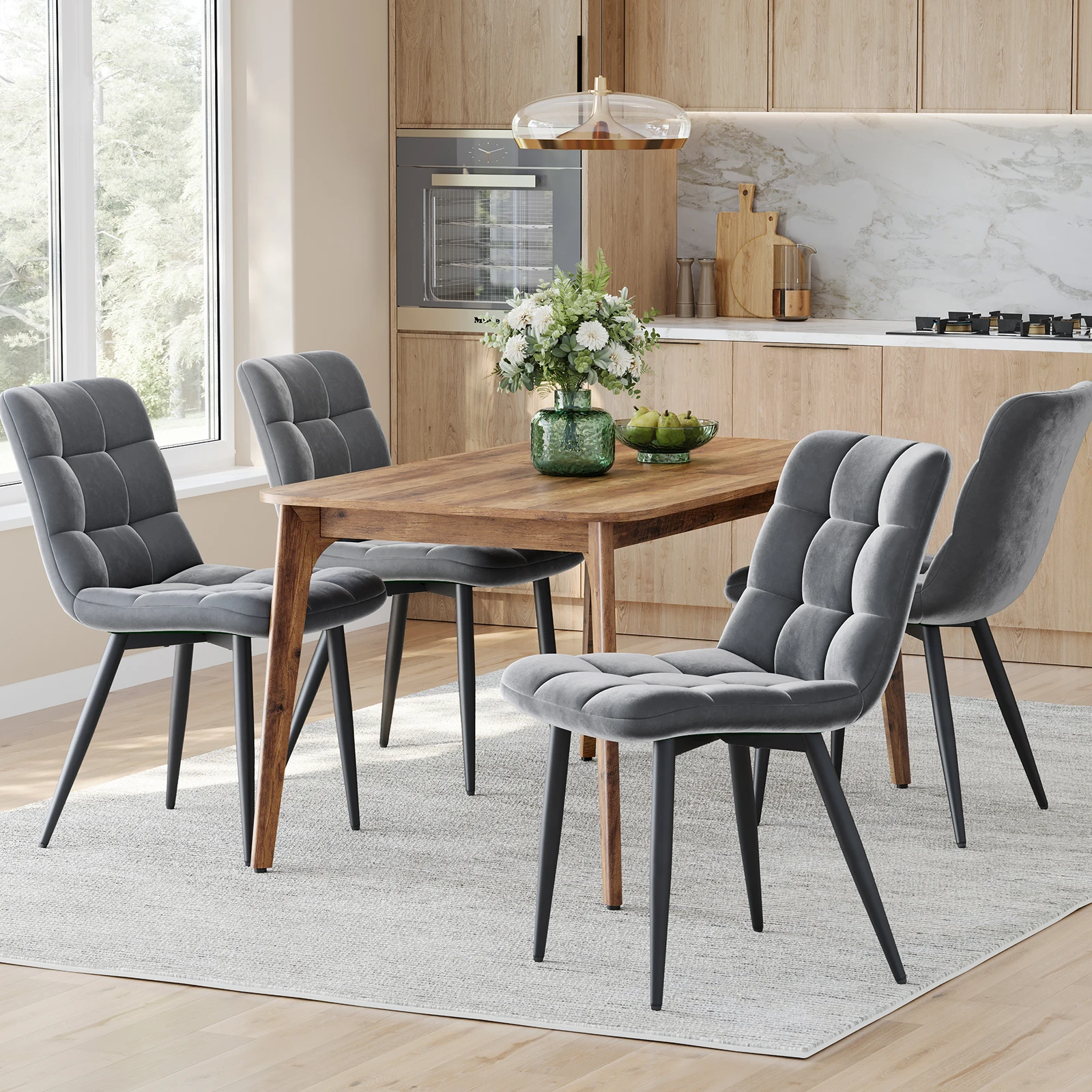 Lot 4 Chaises Salle à Manger Rembourrées Velours, Fauteuil Bureau Ergonomique avec Pieds Métal, Assise Confortable pour Cuisine Salon Chambre, Gris