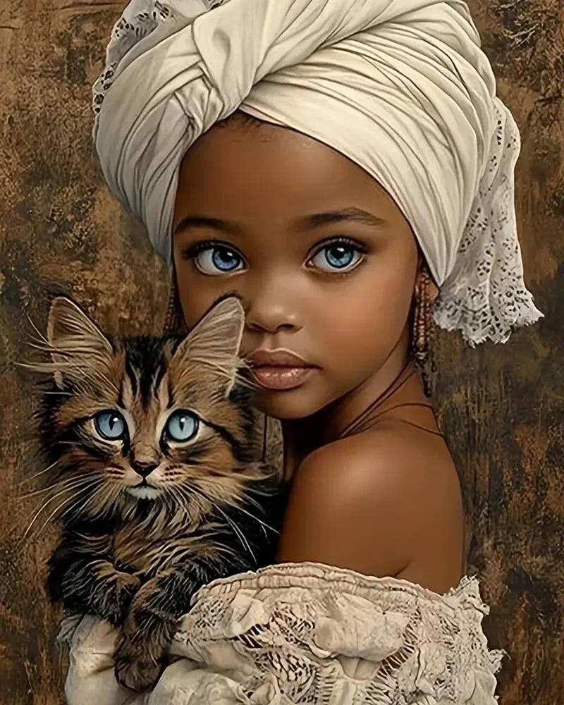 Canvas Painting African Little Girl With Cute Kitten Wall Art Boho Ethnic Portrait Poster Modern Figure Picture Living Room H
