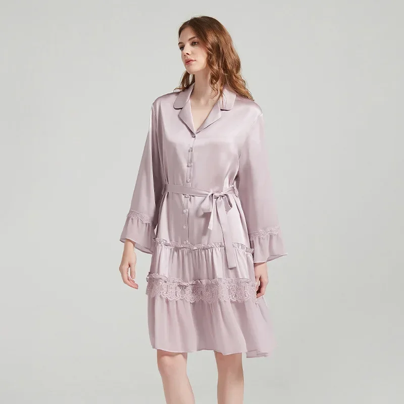 100% Mulberry Silk Belted Nightdress Cake Skirt Elegant Sleepdress Pajama Long Sleeve Nightshirt Ruffled Lace Princess Nightgown