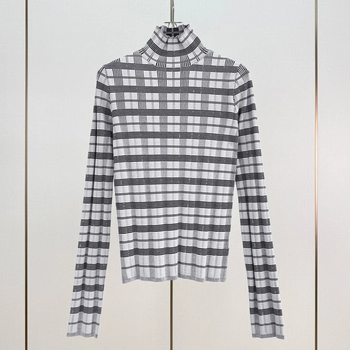 High Quality Women Plaid Ruffle Turtleneck Knit Top Slim Fit Long Sleeve Base Shirt lyt134763