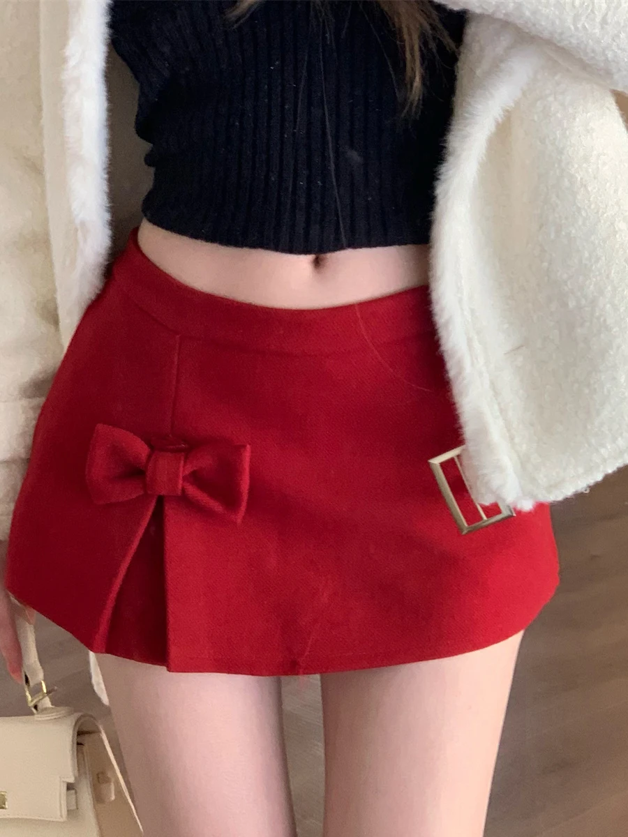 Sweet Preppy Style  Knot A-Line Woolen  Skirt Women's Slimming  Color 3D Bowtie Half-length Waist-cinching ...