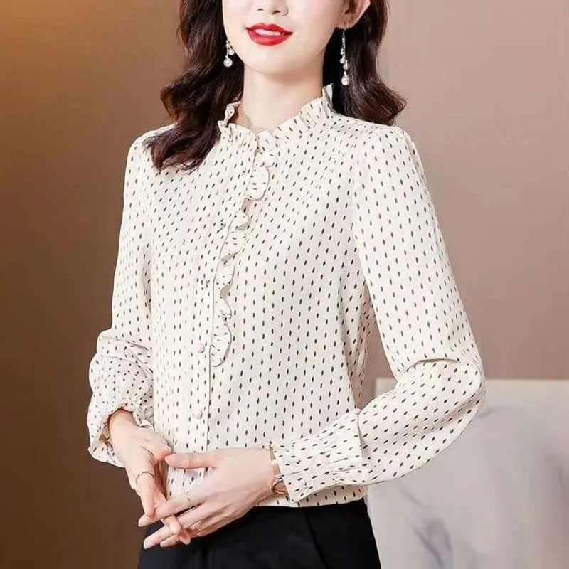 

French Design Office Lady Chiffon Thin Agaric Lace Stand Collar Women's Clothing Flare Sleeve Single Breasted Dot Printing Wild