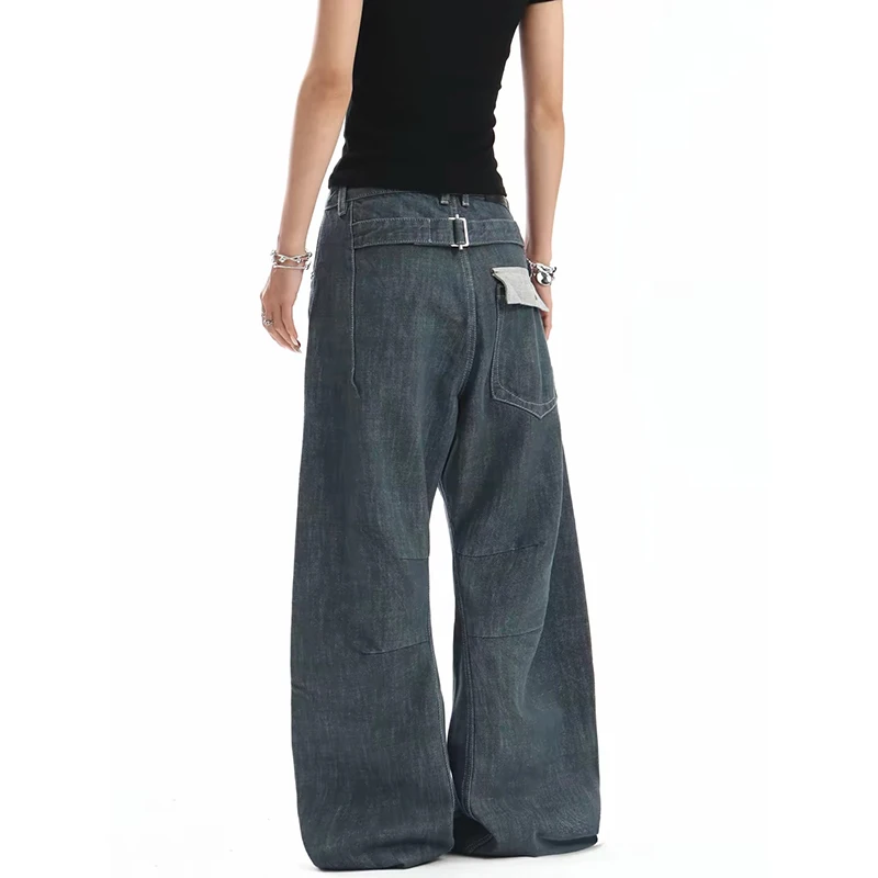 ZHIZOU Women's Blue Wide Leg Pants Cargo Baggy Y2K Harajuku Street Style Loose Trousers Japanese Retro 2000s Denim Pants Autumn
