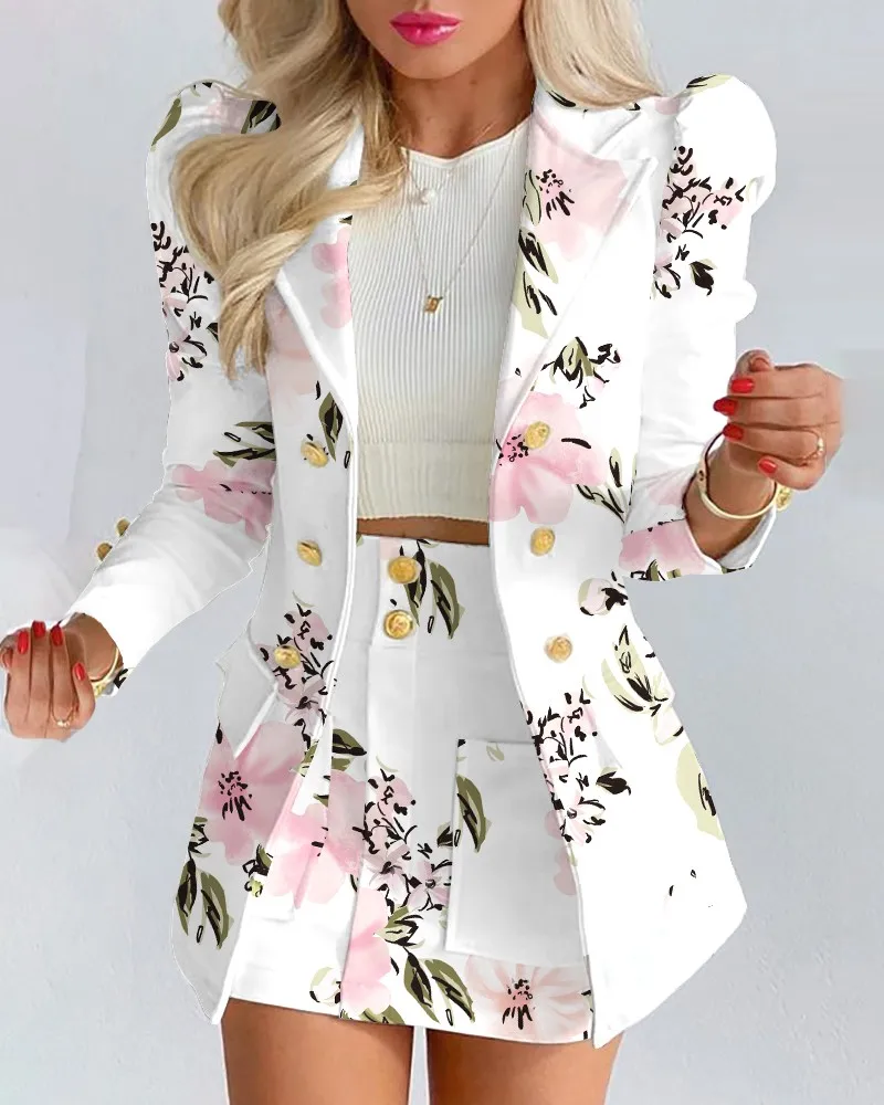 Two-Piece Suit for Women Long Sleeve Printing Top Mini Short Skirt Single Breasted Jacket European and American New 2023