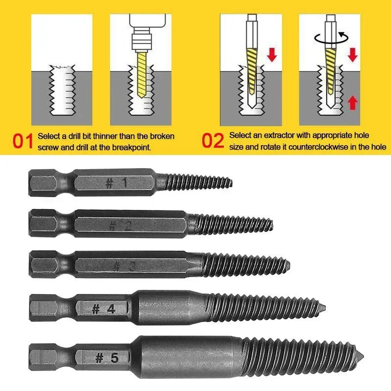 5pcs Screw Extractor Center Drill Bits Guide Set Broken Damaged Bolt Remover Hex Shank And Spanner For Broken Hand Tool