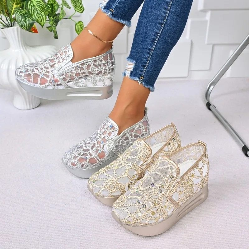 Image of Damen Keilabsatz Sneakers Pailletten Mesh Atmungsaktive Designer-Schuhe Frühling Herbst Neue Plateau-Loafer Damen Lässige Bequeme Sneakers