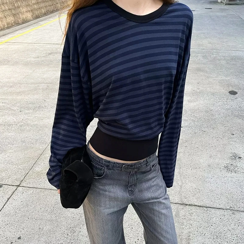 Casual Striped Long Sleeve Waist-Cinching Top Color Block Loose Fit Women's T-Shirt Fashionable Summer Outfit round Neckline
