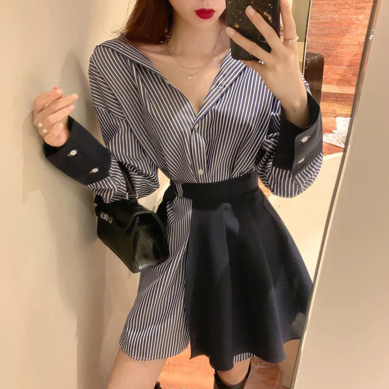 Spring Autumn Polo-neck Striped Patchwork Lace Up Shirt Dress Ladies Long Sleeve Loose Casual Vintage Blouse Women Cardigan Top