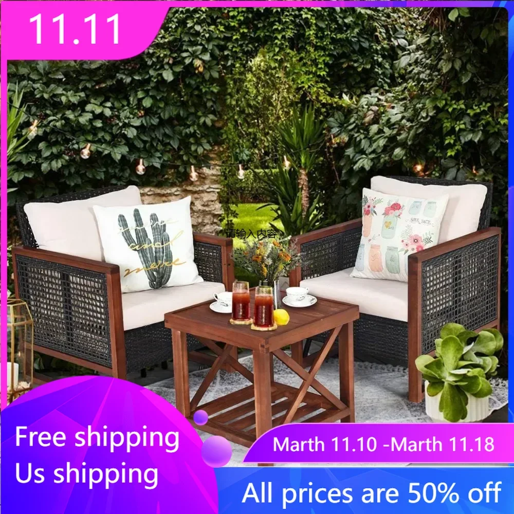 

3 Pieces Patio Wicker Furniture Set, Rattan Outdoor Sofa Set w/Washable Cushion & Acacia Wood Coffee Table, for Garden Backyard