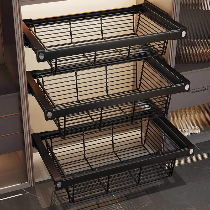 Wardrobe pull-out basket, drawer style wardrobe pull-out pants rack, extendable household built-in slide rail storage pants