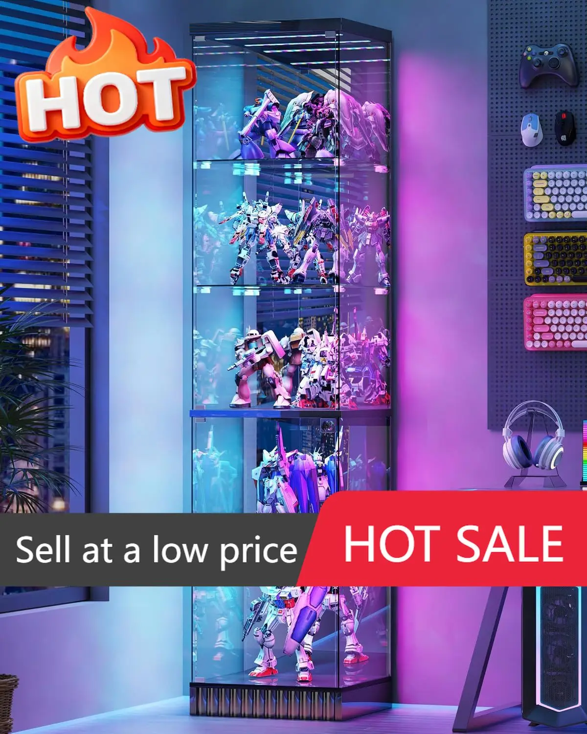 67''H Corner Curio Cabinet - with Glass Door, Lockable Glass Display Cabinet with RGB Motion Sensor Light, 5-Tier Figure Display