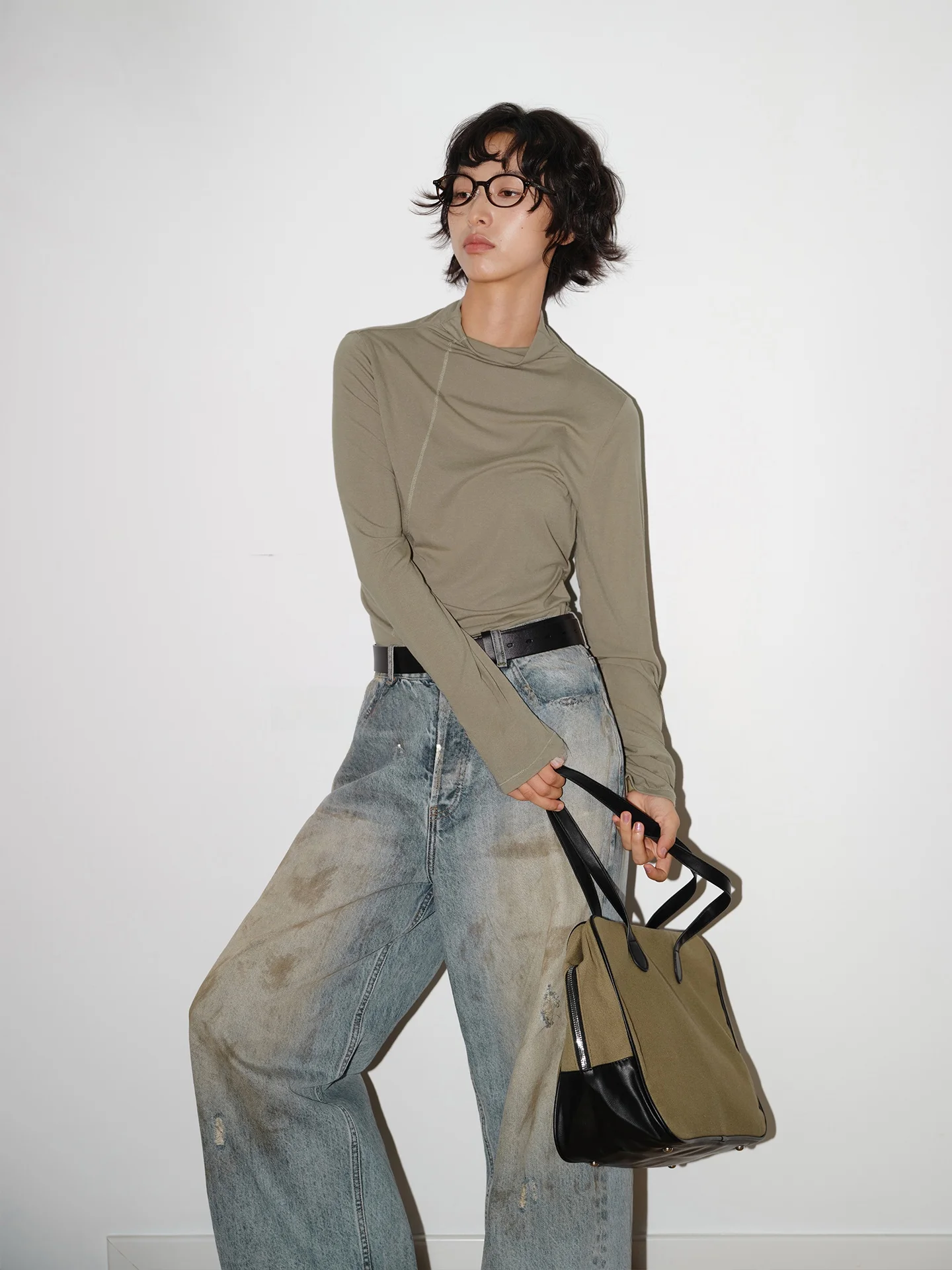 

Мягкая, приятная к телу, эластичная футболка из смешанного волокна с высоким воротом, для повседневной носки, облегающая, с длинным рукавом