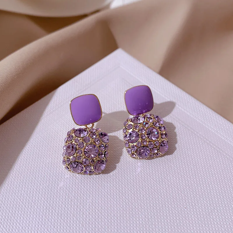 New Purple Crystal Pendants Women Dangle Earrings Korean Fashion Elegant Drop Earrings Square Statement boucles d'oreilles