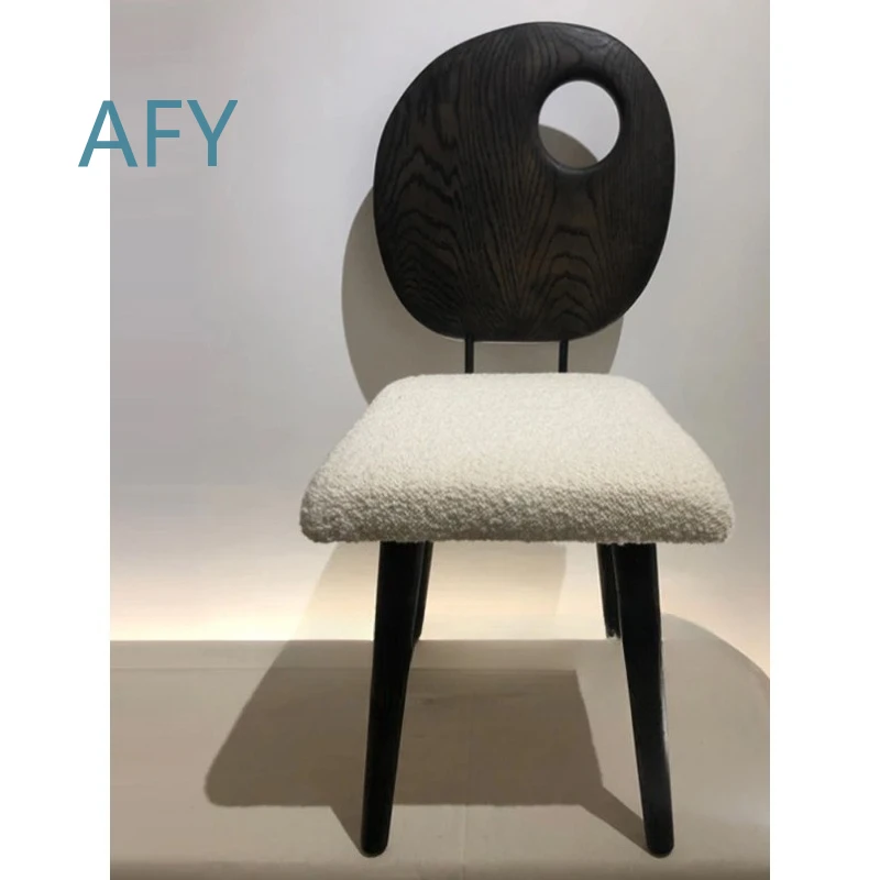 Wabi Sansan Lamb Fleece Ash Wood Dining Chair for Home Office Bedroom Living Room Study Book Chair Retro Design Homestay