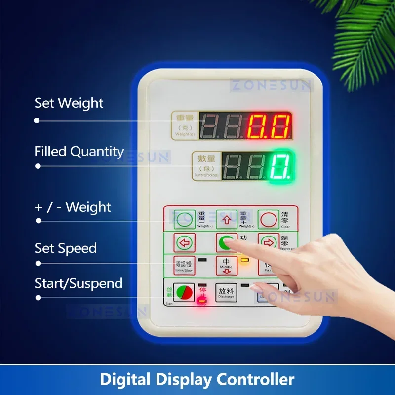 ZONESUN ควบคุมดิจิตอลอนุภาคมันฝรั่งทอดบรรจุเครื่องชีสพัฟขนม FILLER บรรจุภัณฑ์เครื่องชั่งน้ําหนักอุปกรณ์ ZS-FZ1000L