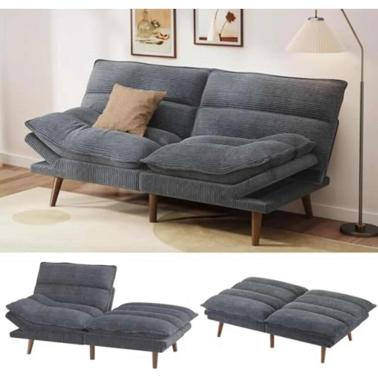 Futon Sofa Bed, Convertible Futon Adjustable Backrest & Armrests, Corduroy Sleeper Couch for Small Spaces, Living Room