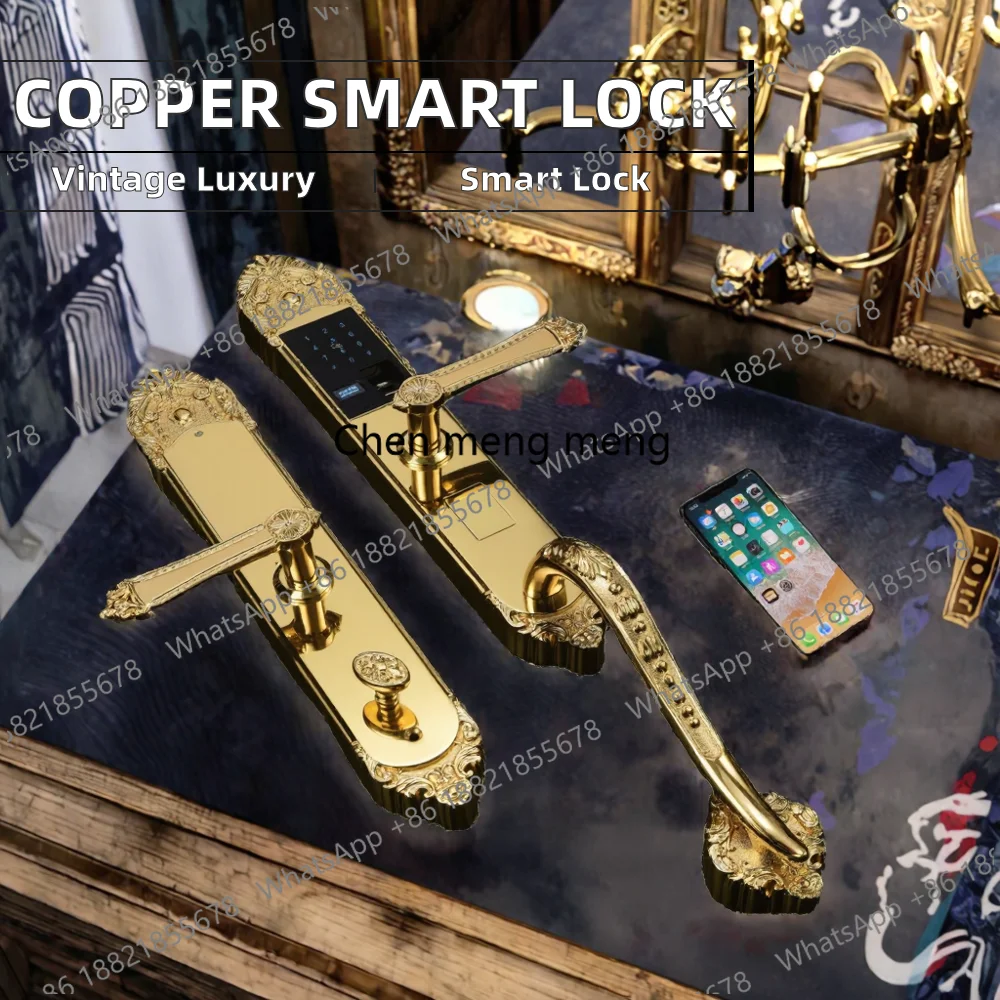 Solid Forged Pure Copper Fingerprint Smart Door Lock Luxury Vintage Antique Brass Handle Wood Door  Aluminum Alloy