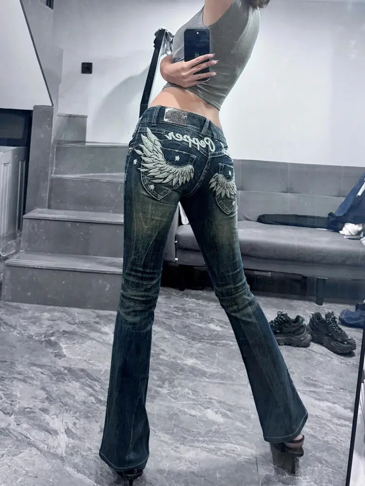 

Women's Low Rise Flare Jeans Angel Wings Embroidery Y2K American Vintage Style Long Length Denim Pants Bootcut Retro Streetwear