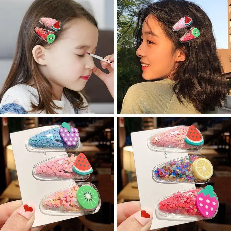 Children\'s Fruit Cartoon Hair Clips Girls Cute Glitter Decorative Accessories Sand Flow BB Headwear Bangs