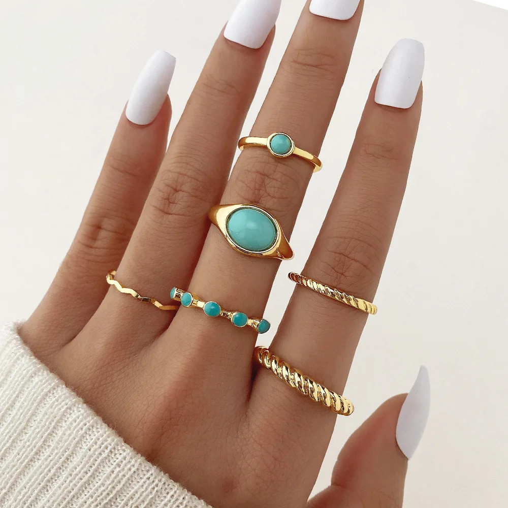 

Bohemian Vintage Green Stone Ring Set for Women Gold Color Boho Geometric Rings Retro Fashion Finger Jewelry Accessories Gift
