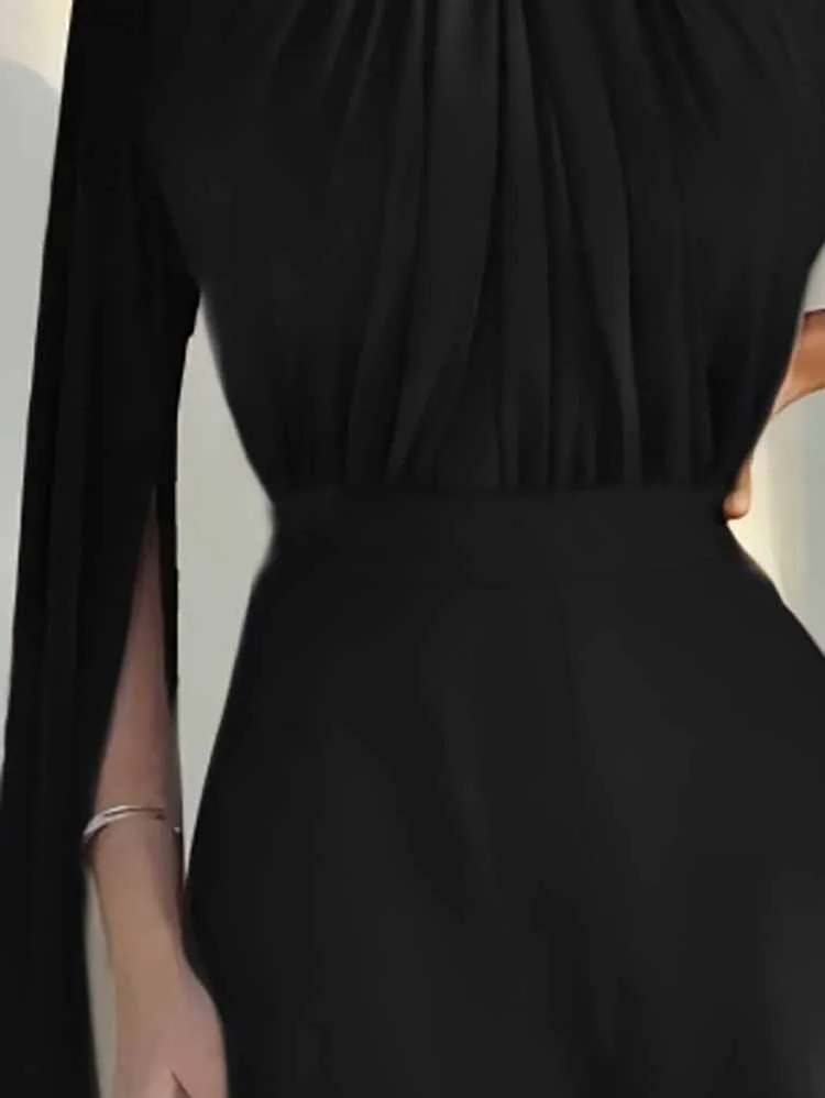 

Элегантные широкие комбинезоны для поездок на работу, осенние модные длинные комбинезоны с высоким воротом, сексуальный однотонный комбинезон с длинными рукавами и разрезом для вечеринок