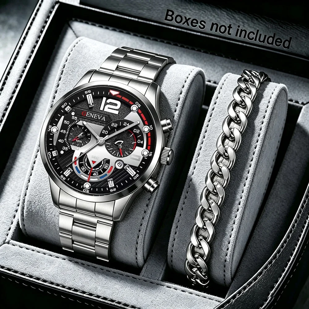 2Pcs Men's Quartz Watch Set, Men's Watch & Bracelet. Great Gift for Him, Suitable for Daily Casual Wear or Special Occasions