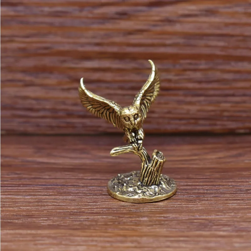 `Brass Owl Statue Mini Solid Copper Owl Figurine Tree Stump Base Desk Ornament Tea Pet Home Decor Craft Gift`