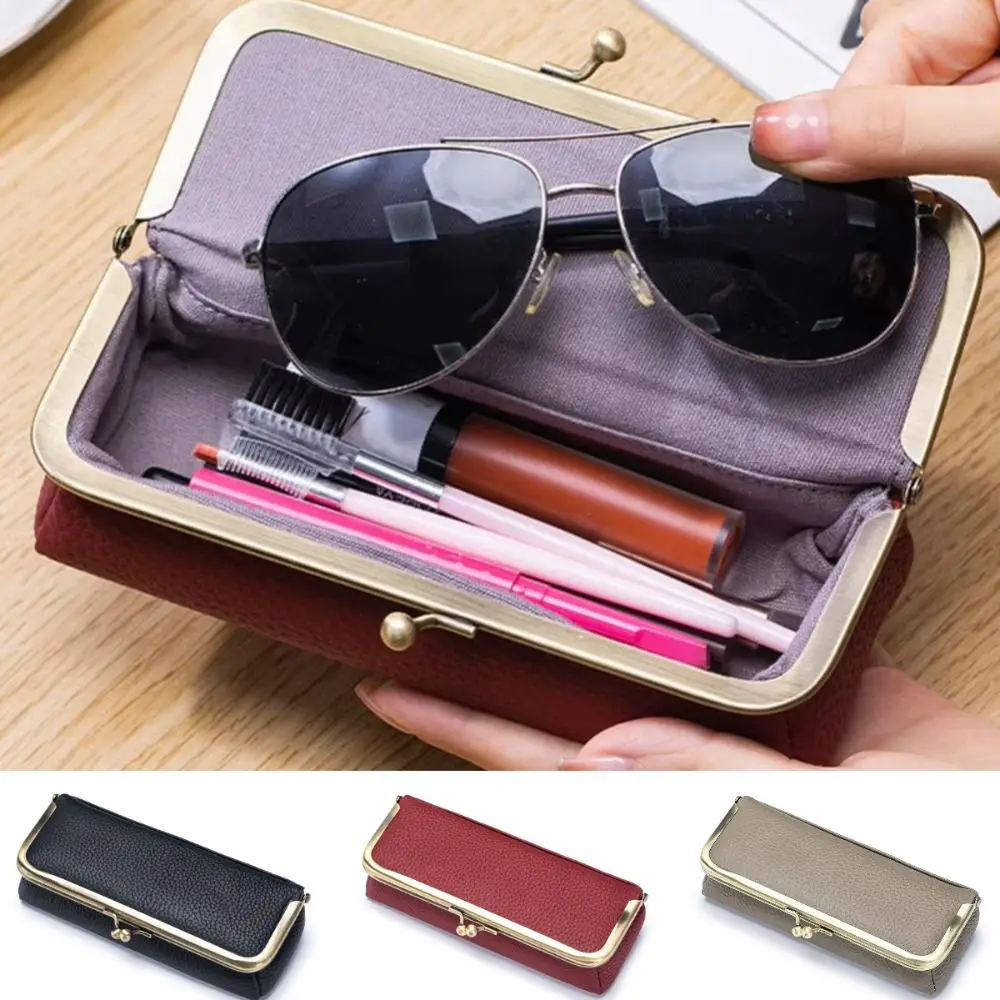 

Genuine Leather Glasses Boxes Holder Automatic Closing Luxury Eyewear Organizer Spacious Multifunctional Eyebrow Pencil Case