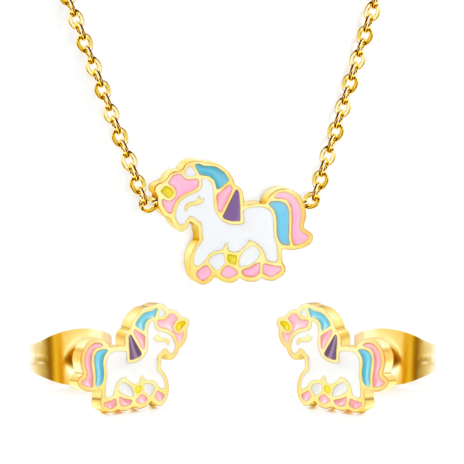 LUXUSTEEL Niche Unicorn Stud Earrings and Necklace Set, Creative Sweet and Cute, Enamel for Girls, Stainless Steel Jewelry Set