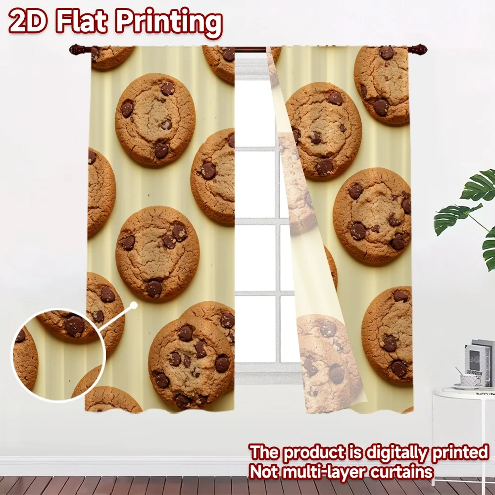 2D flat 2pcs Curtain Modern Minimalist Style Chocolate Chip Cookies Digitally printed polyester Festive Holiday Use for Festive