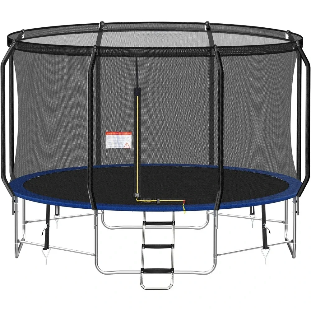 

12FT Trampoline for Kids and Adults, Outdoor Trampoline with Enclosure Net, 4 Windproof Stake Set, Balance Bar