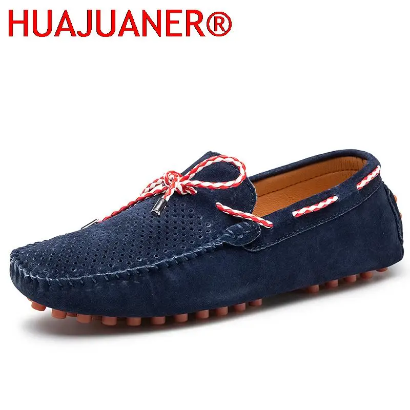 Mocasines suaves para hombre, zapatos informales transpirables con agujeros, de cuero de ante, a la moda, calzado plano para conducir, para verano