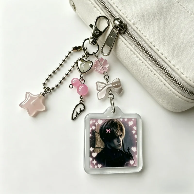 Handmade Coquette Leon inspired Keychain, Pink Star & Bow Beaded Bag Charm video game accessory