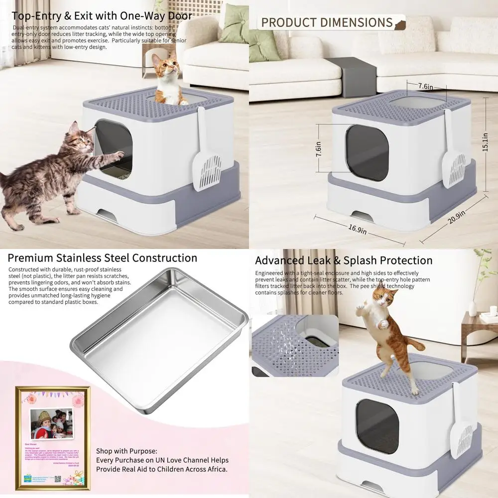 

Extra Large Grey Stainless Steel Litter Box: Leak and Odor Control for Indoor Cats