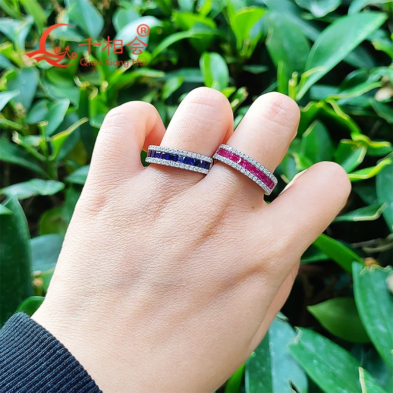 5.5mm lab created grown red ruby blue sapphire square white moissanite half eternity band 925 Silver ring jewelry dating wedding
