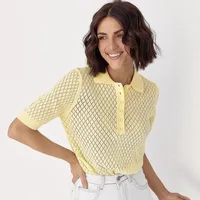 White POLO Collar Short Sleeved Women's 2025 Summer New Loose and Slim Fit Ice Silk T-shirt Hollowed Out Knitted Top