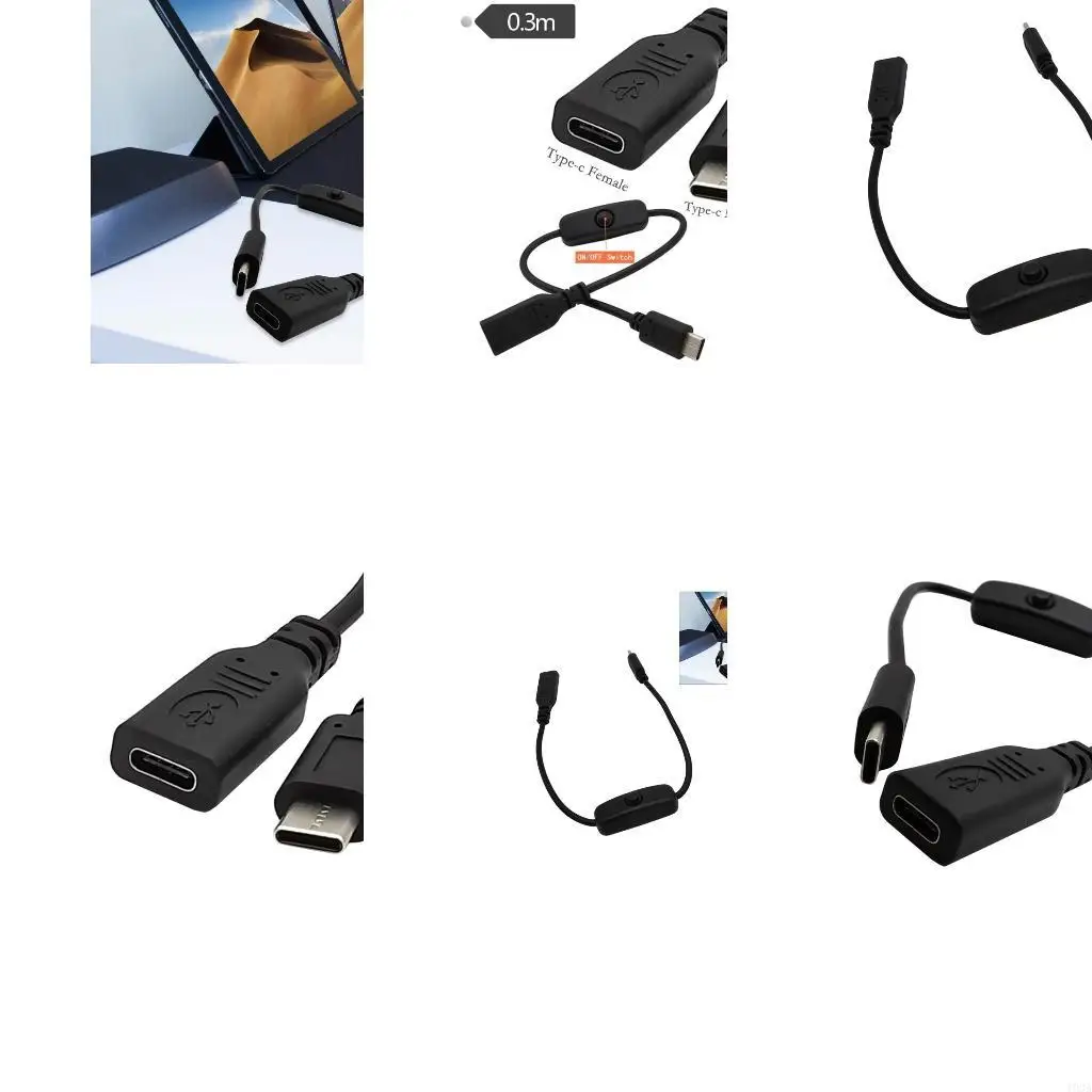 193A Type C Male to Female Adapter Cable with Switches 22AWG Type C Extension Cord 0.3 Meter Length for Fast Charging