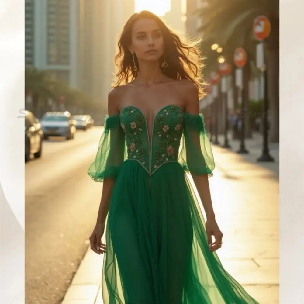 

Green Evening Dresses Women Floor Length Sweep Train Wedding Off The Shoulder High Quality Formal Occasion Special Event Simple
