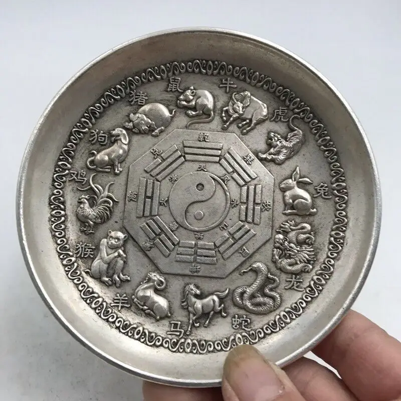Exquisite Old Chinese tibet silver handcarved Zodiac plate 6802