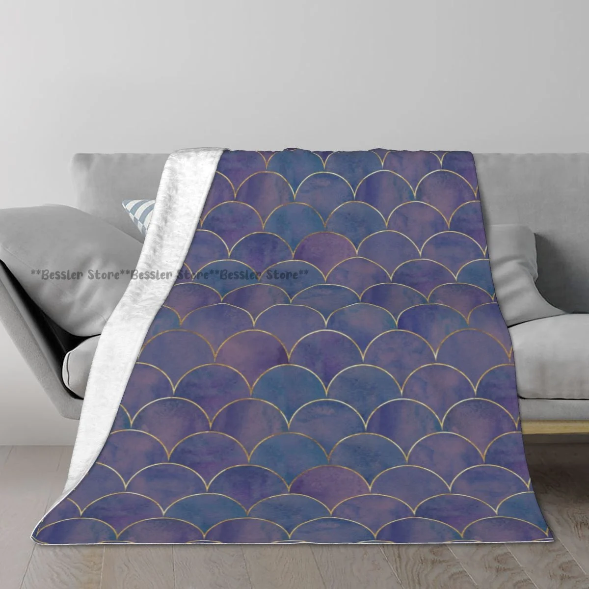 Unique Blanket to Family Friends Purple Blue Teal Mermaid Fish Scale Wave Durable Soft Comfortable for Home Gift Blanket