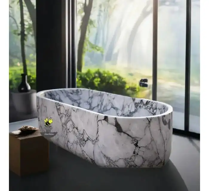 Stone Bathtub,Modern Natural Stone Freestanding Bathtub,Oval Soaking Tub With Colorful Light,For Bathroom Spa