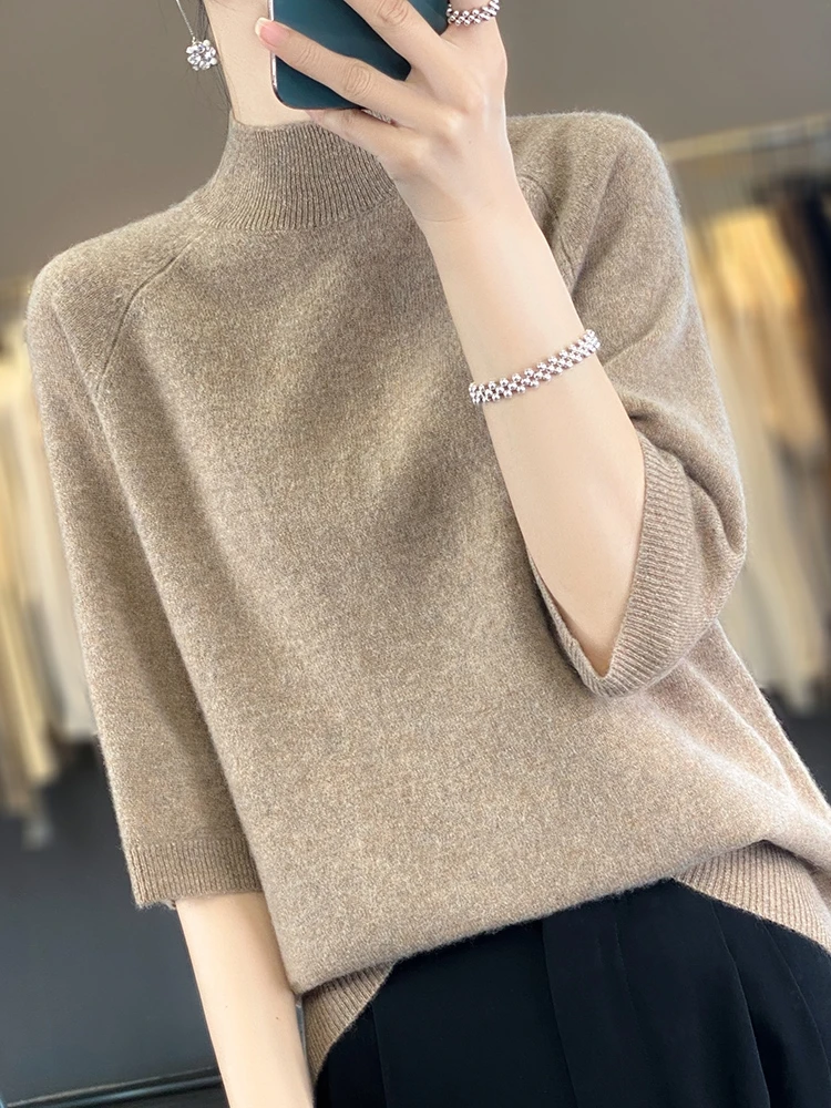 

Осень/зима, 100% кашемир, вязаный женский свободный свитер с короткими рукавами и полувысоким воротником, рубашка с укороченным рукавом