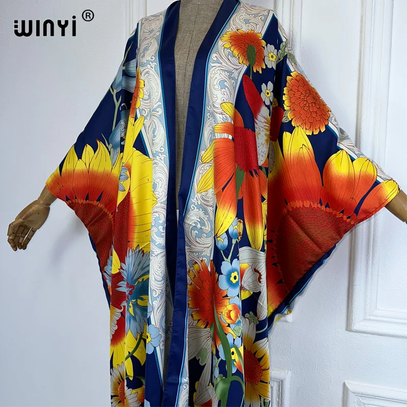 WINYI kimono boho print cardigan Women elegant Maxi sexy beach outfits kaftan dresses womens cover-ups africa clothing abaya