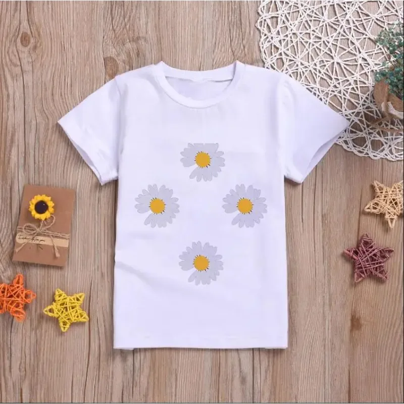 T-shirt de manga curta para crianças, tops casuais para meninos e meninas, roupas infantis, flores dos desenhos animados, verão